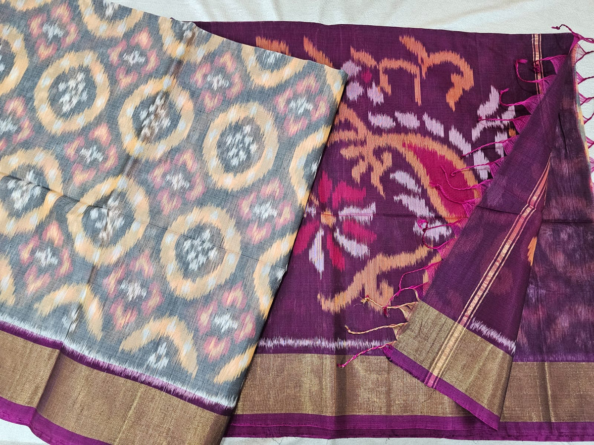 Grey with Magenta Pink Pochampally Ikkat Silk Cotton (SICO Pattu)