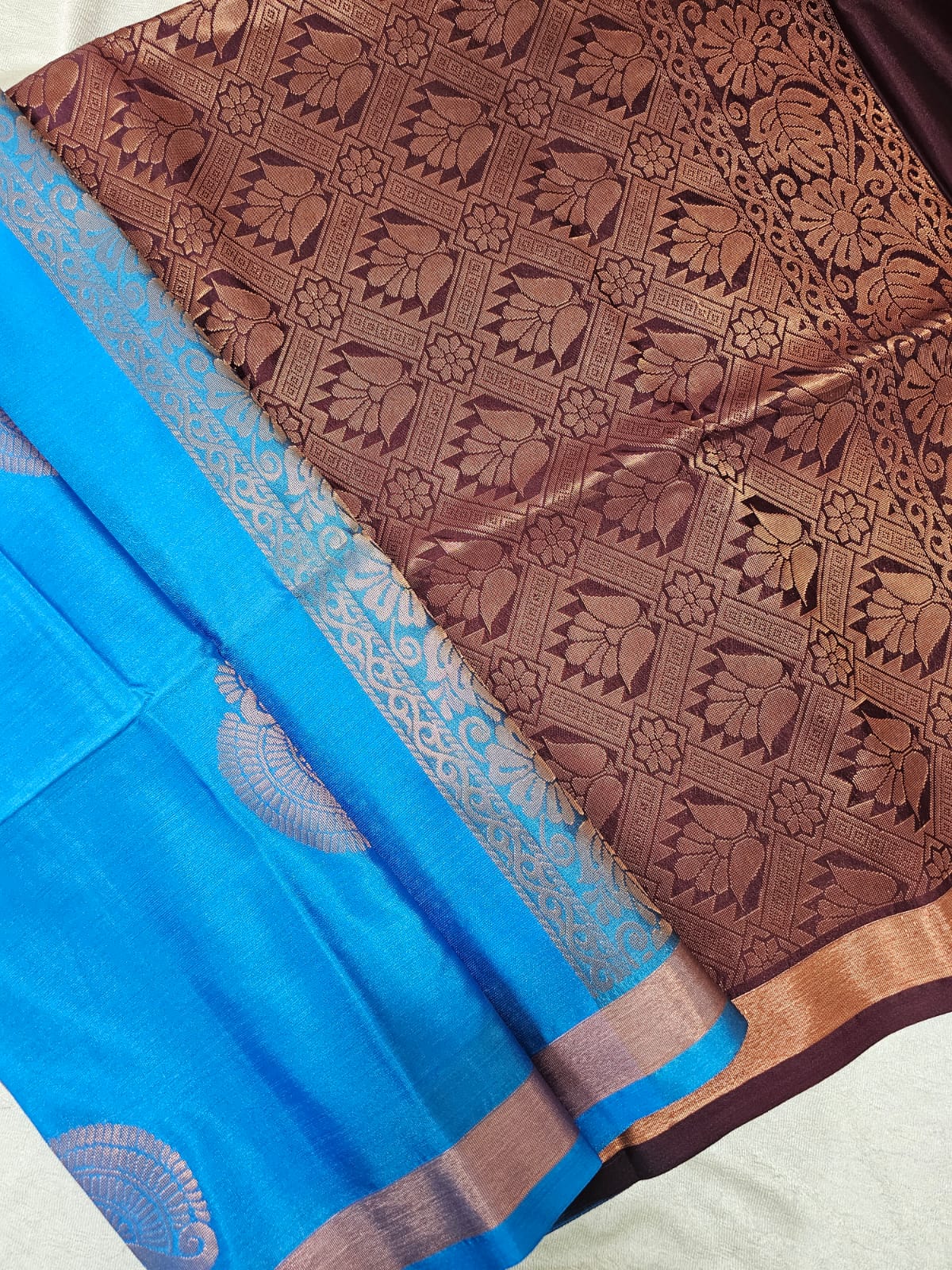 Blue with Maroon  Copper Zari Woven Border Semi Soft Silk Saree