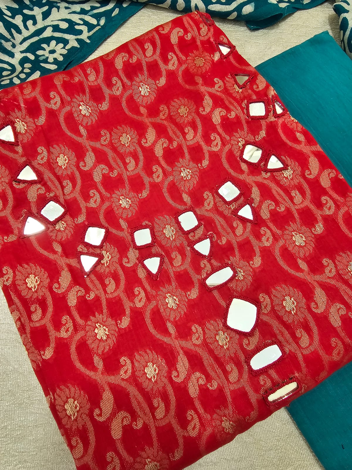Cotton Weaving with Mirror Work - Red with Blue