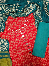 Cotton Weaving with Mirror Work - Red with Blue