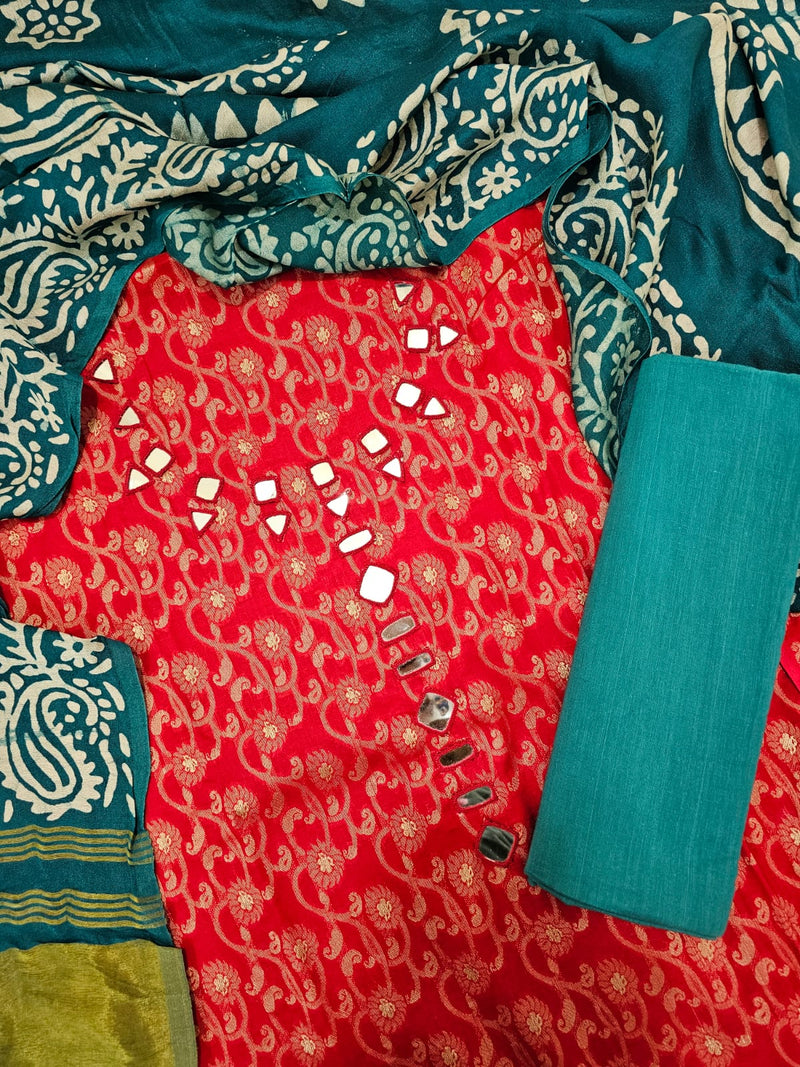 Cotton Weaving with Mirror Work - Red with Blue