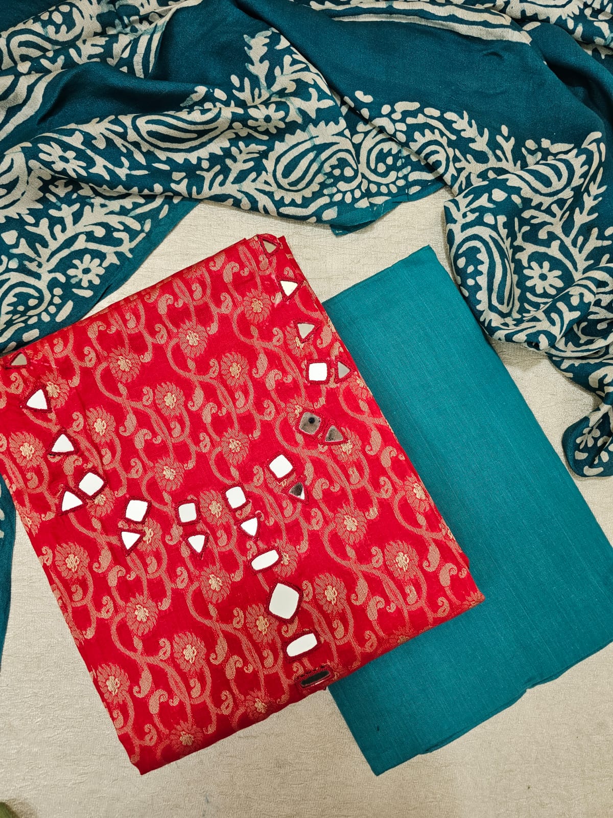 Cotton Weaving with Mirror Work - Red with Blue