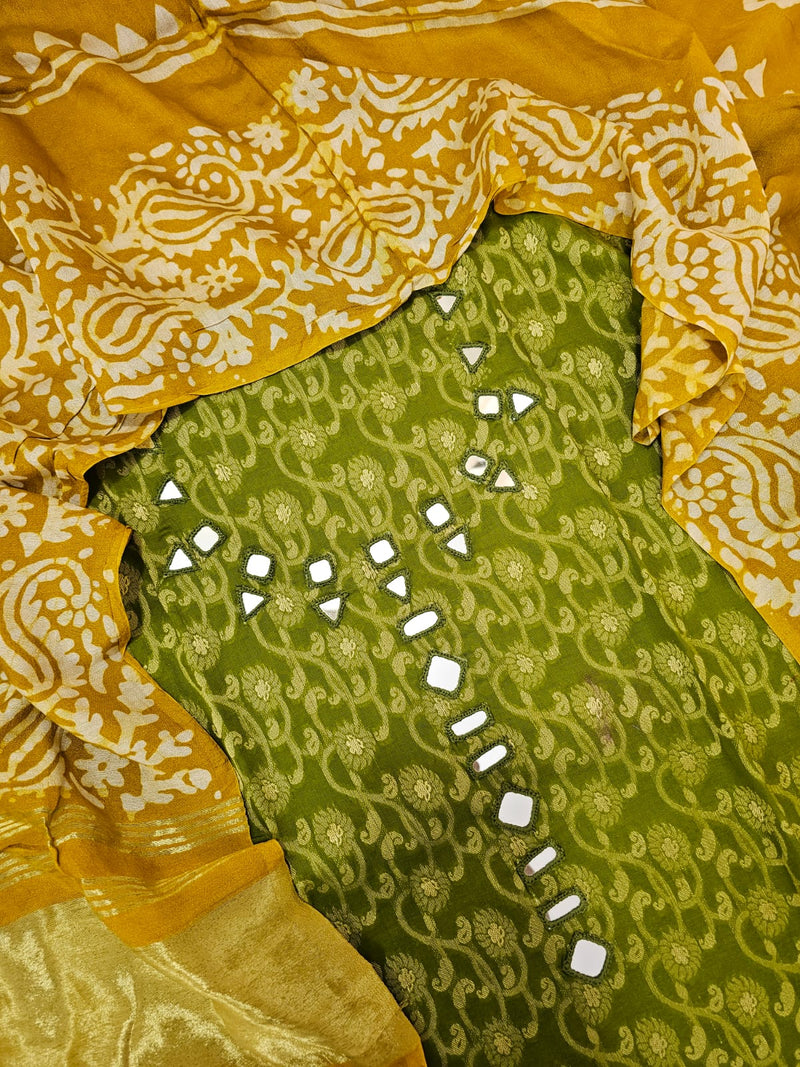 Cotton Weaving with Mirror Work - Green with Yellow