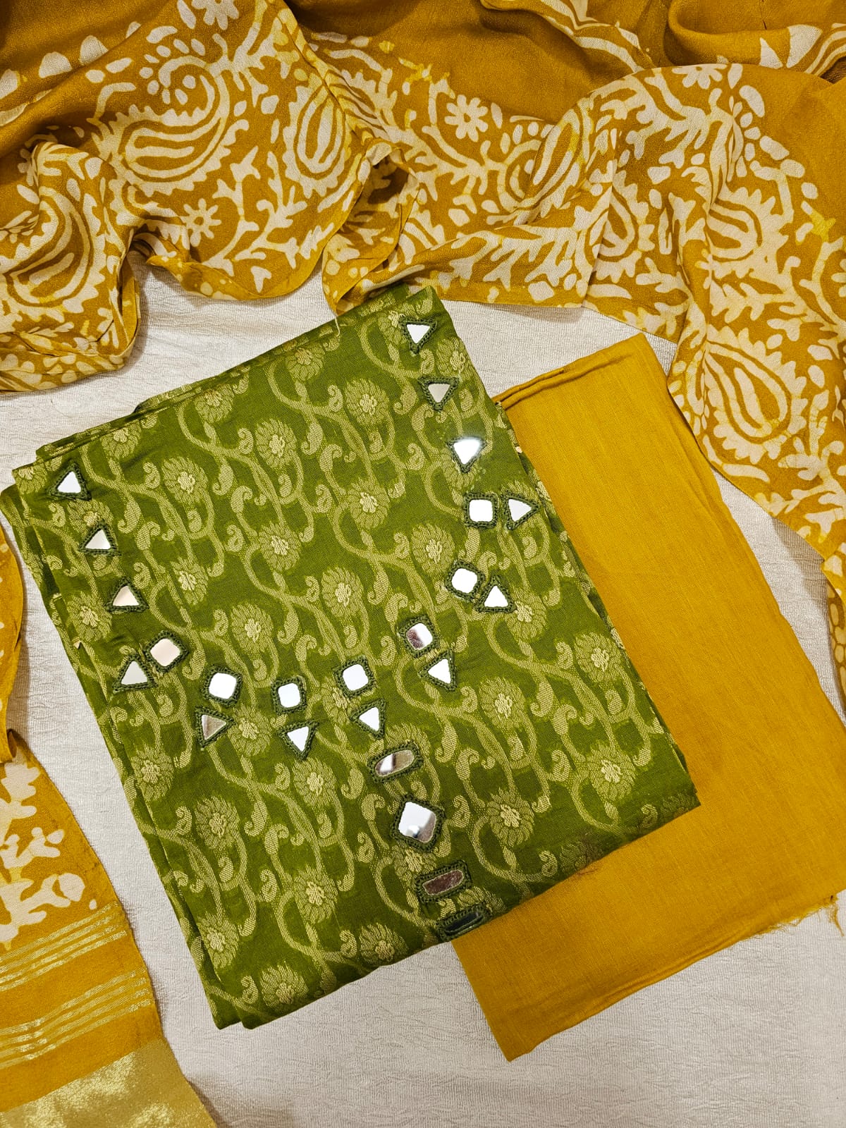 Cotton Weaving with Mirror Work - Green with Yellow