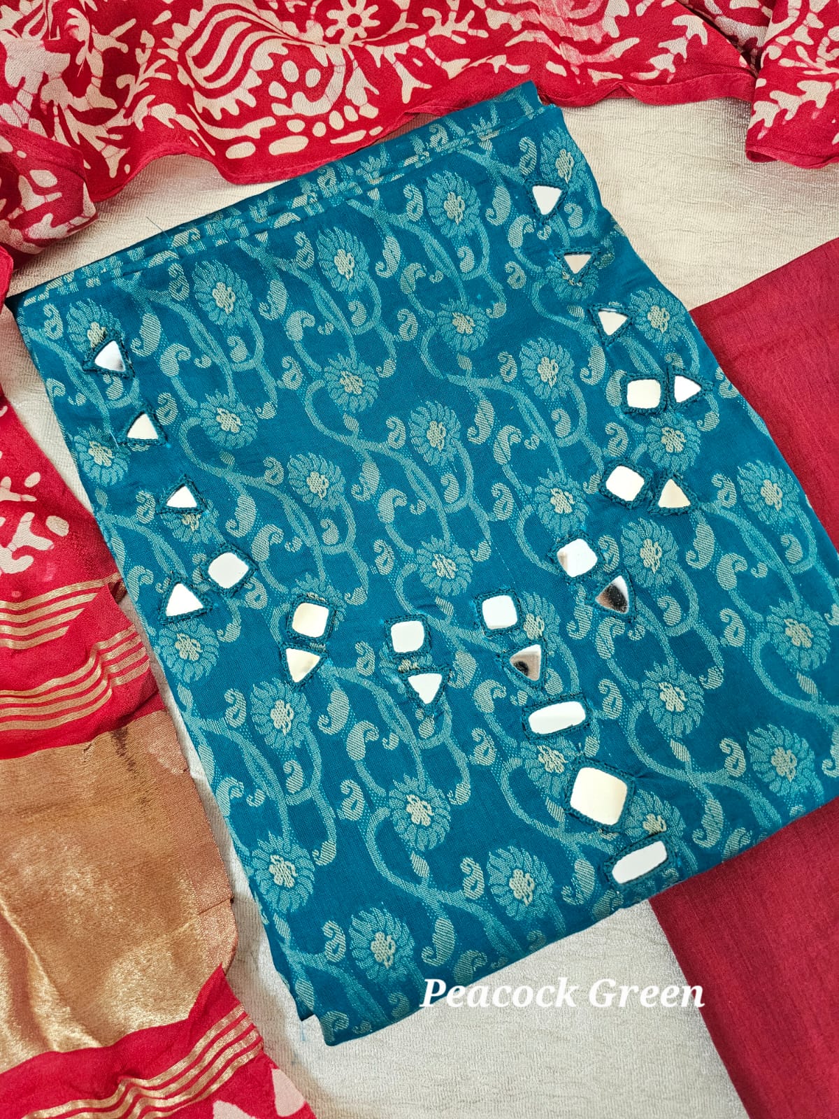 Cotton Weaving with Mirror Work - Blue with Red