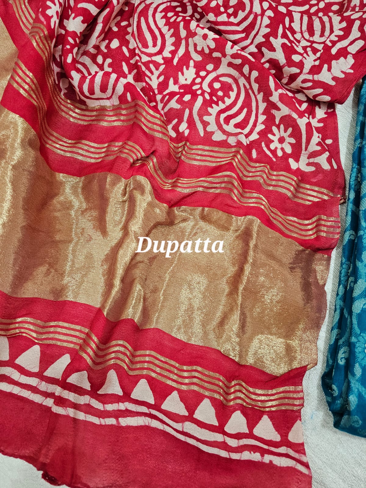 Cotton Weaving with Mirror Work - Blue with Red