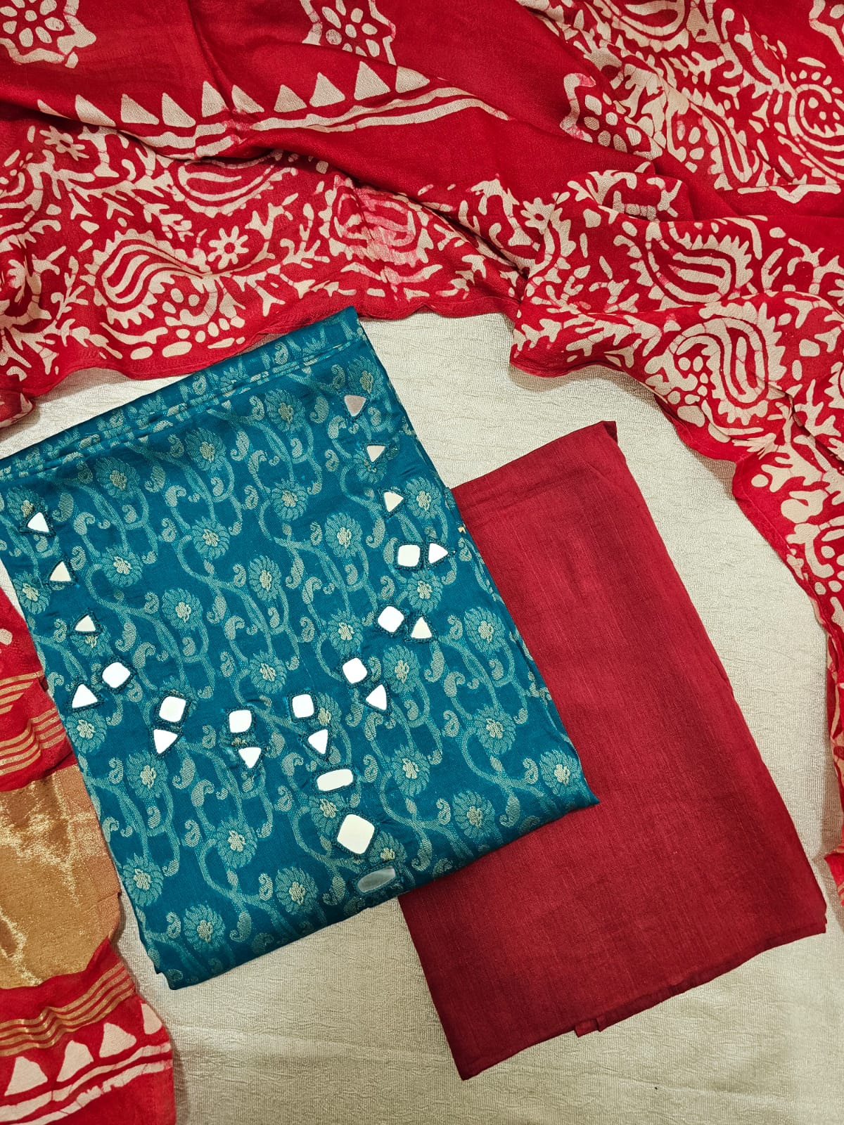 Cotton Weaving with Mirror Work - Blue with Red
