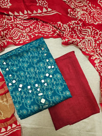 Cotton Weaving with Mirror Work - Blue with Red