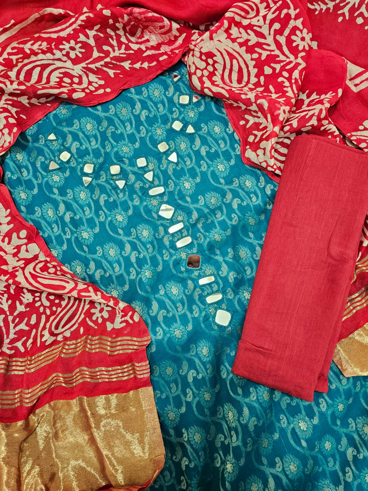 Cotton Weaving with Mirror Work - Blue with Red