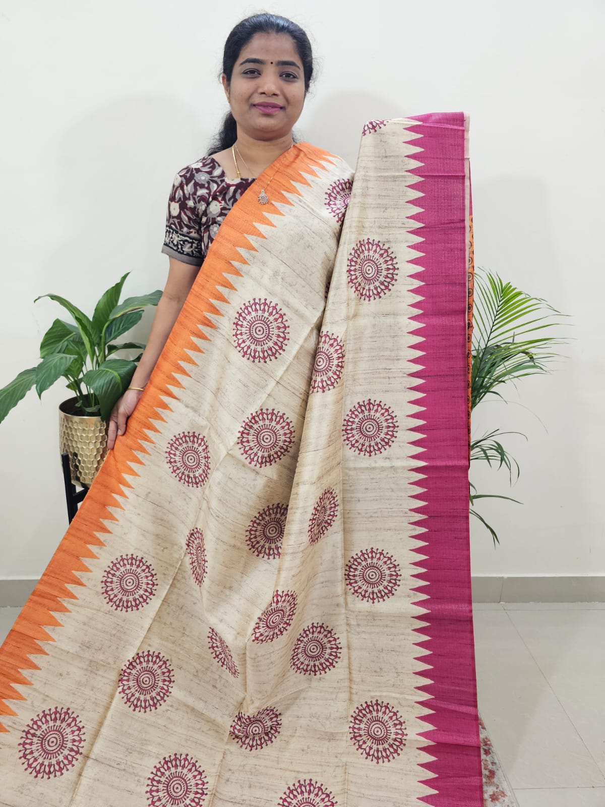 Semi Tussar with Striped Zari Weaving Saree-Orange with Pink