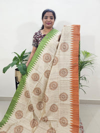 Semi Tussar with Striped Zari Weaving Saree- Green with Orange