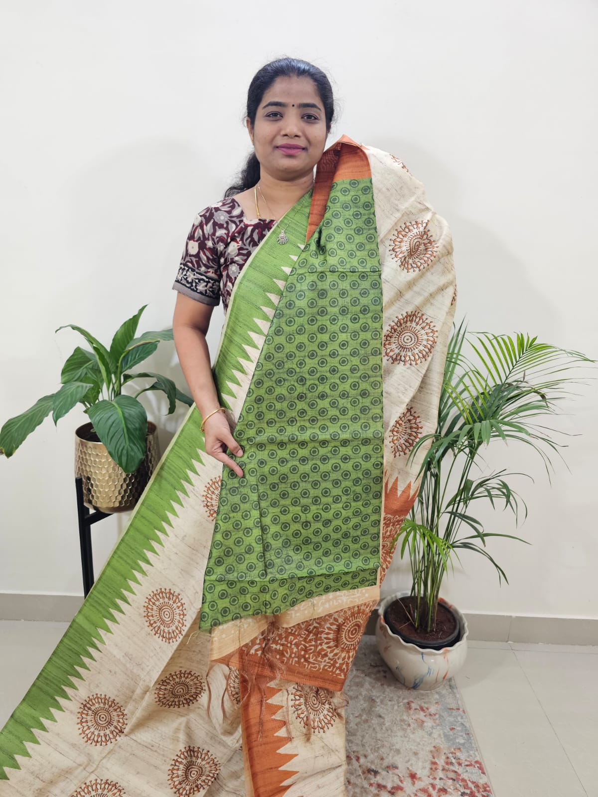 Semi Tussar with Striped Zari Weaving Saree- Green with Orange