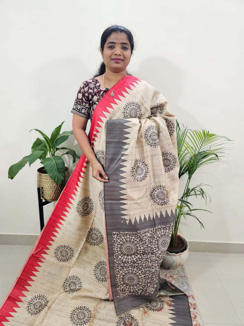 Semi Tussar with Striped Zari Weaving Saree- Red with Grey