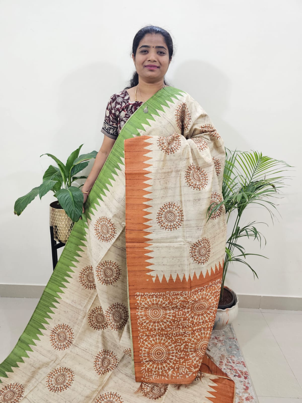 Semi Tussar with Striped Zari Weaving Saree- Green with Orange