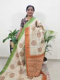 Semi Tussar with Striped Zari Weaving Saree- Green with Orange