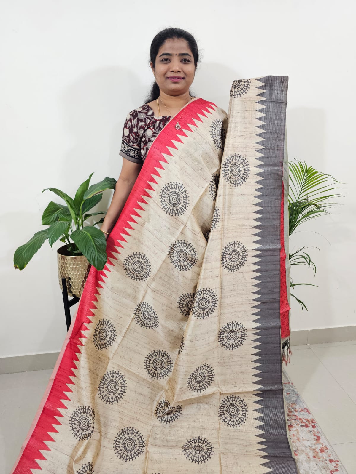 Semi Tussar with Striped Zari Weaving Saree- Red with Grey