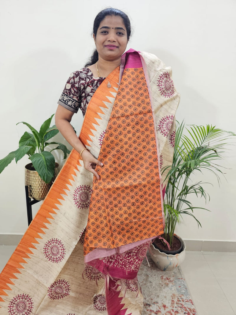 Semi Tussar with Striped Zari Weaving Saree-Orange with Pink