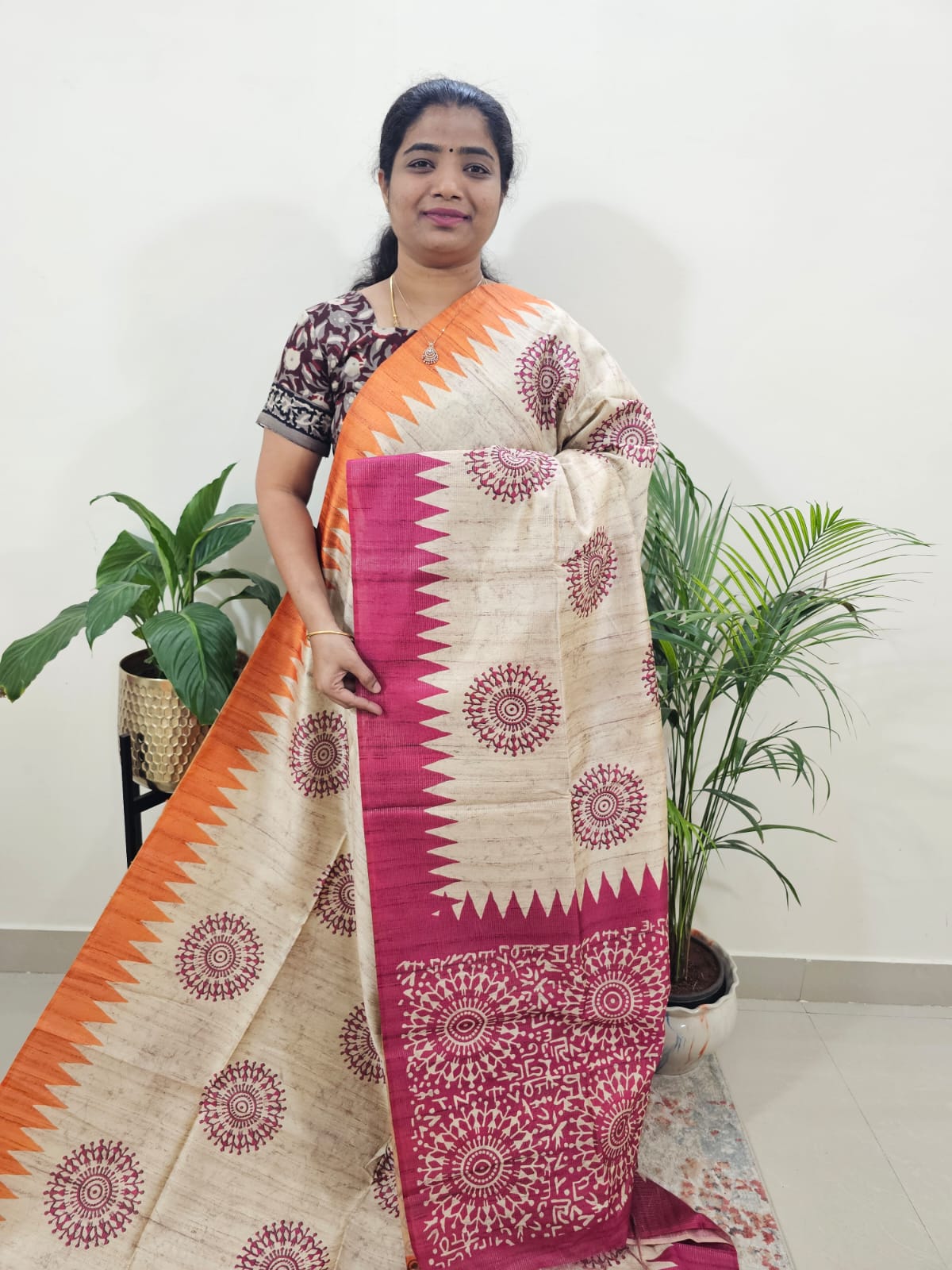 Semi Tussar with Striped Zari Weaving Saree-Orange with Pink
