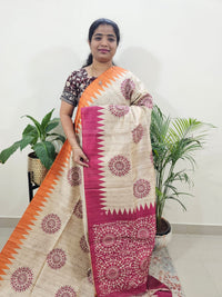 Semi Tussar with Striped Zari Weaving Saree-Orange with Pink