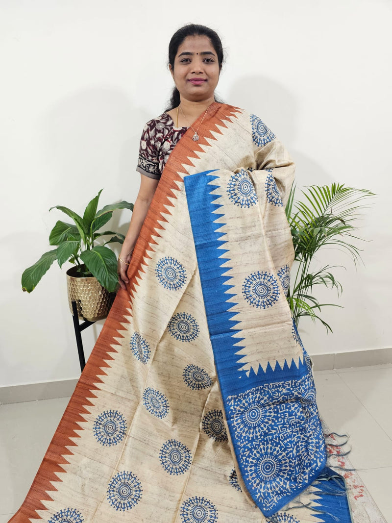 Semi Tussar with Striped Zari Weaving Saree- Red  with Blue