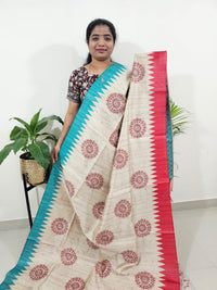 Semi Tussar with Striped Zari Weaving Saree-Blue with Red