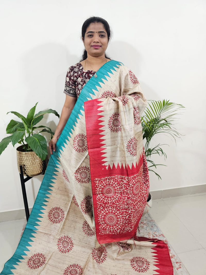 Semi Tussar with Striped Zari Weaving Saree-Blue with Red