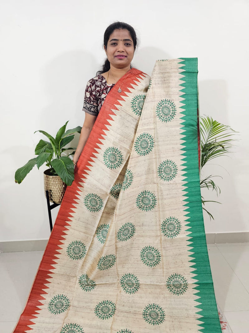 Semi Tussar with Striped Zari Weaving Saree -Red with Green