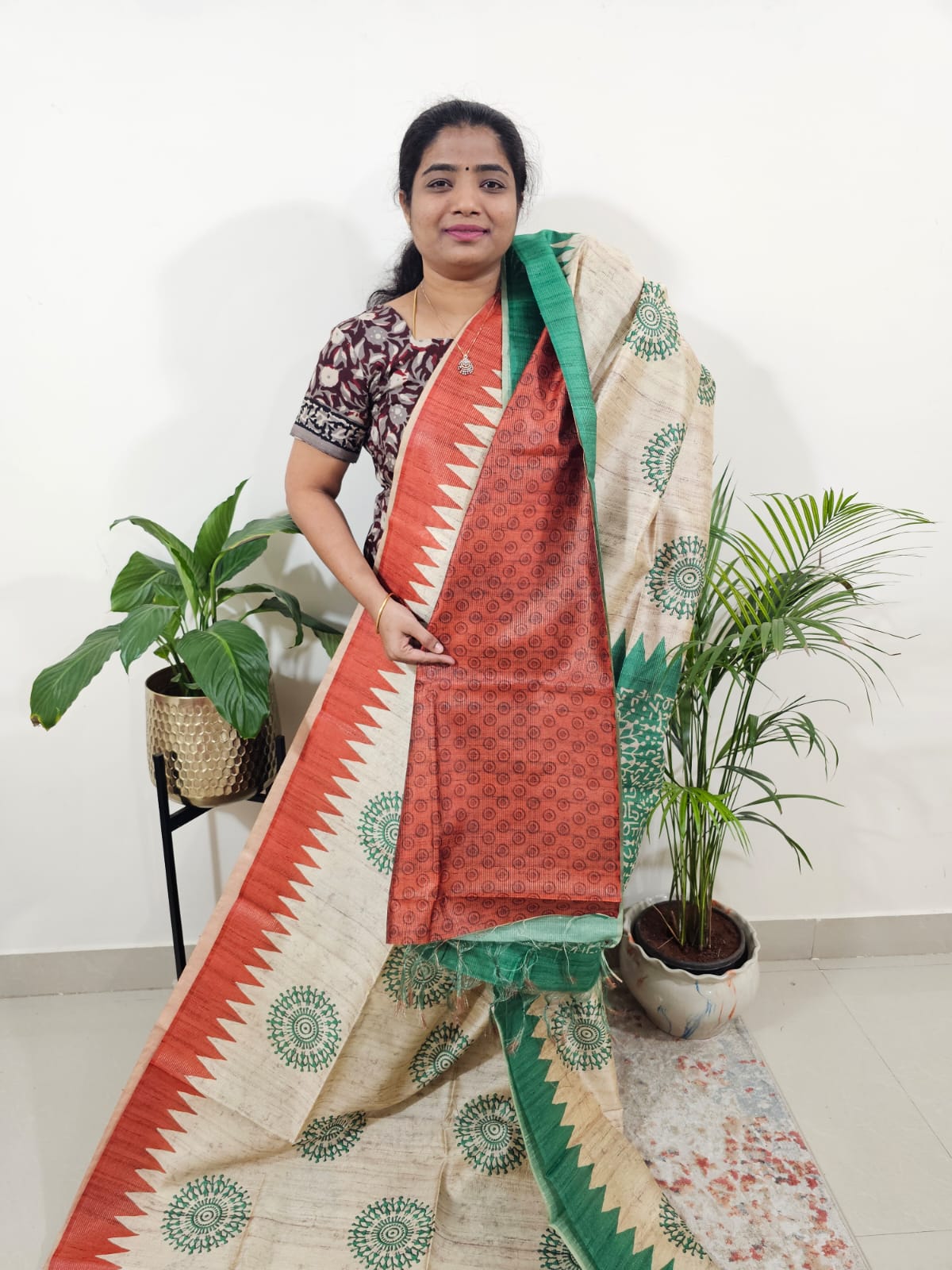Semi Tussar with Striped Zari Weaving Saree -Red with Green