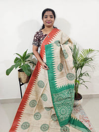 Semi Tussar with Striped Zari Weaving Saree -Red with Green