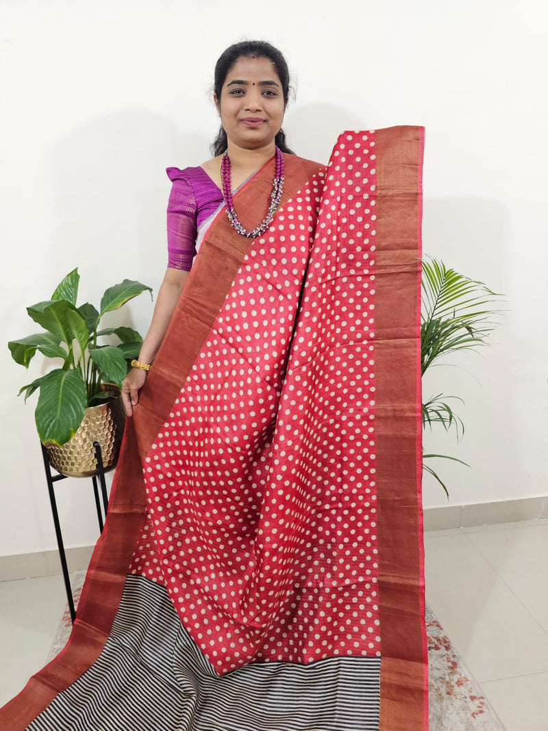 Red with Black Half N Half Pattern Pure Tussar Silk Saree with Zari Border