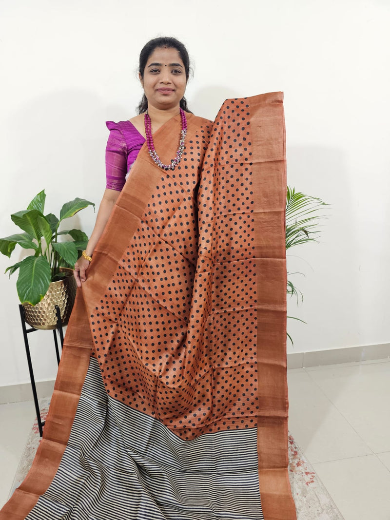 Brown with Black Half N Half Pattern Pure Tussar Silk Saree with Zari Border
