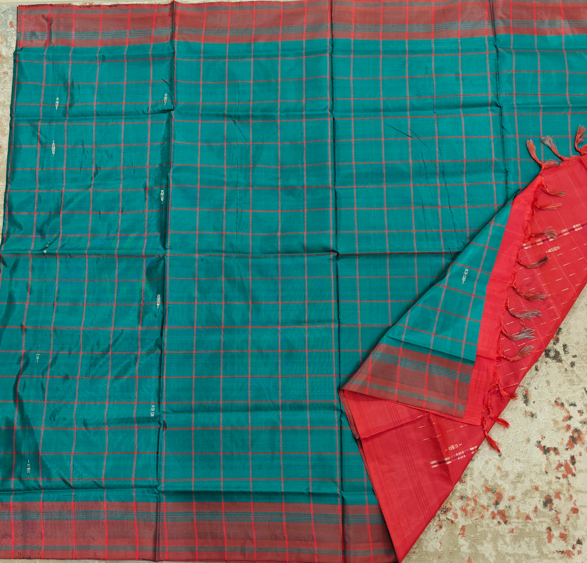 Chinnalampattu Saree- Sea Green with Red