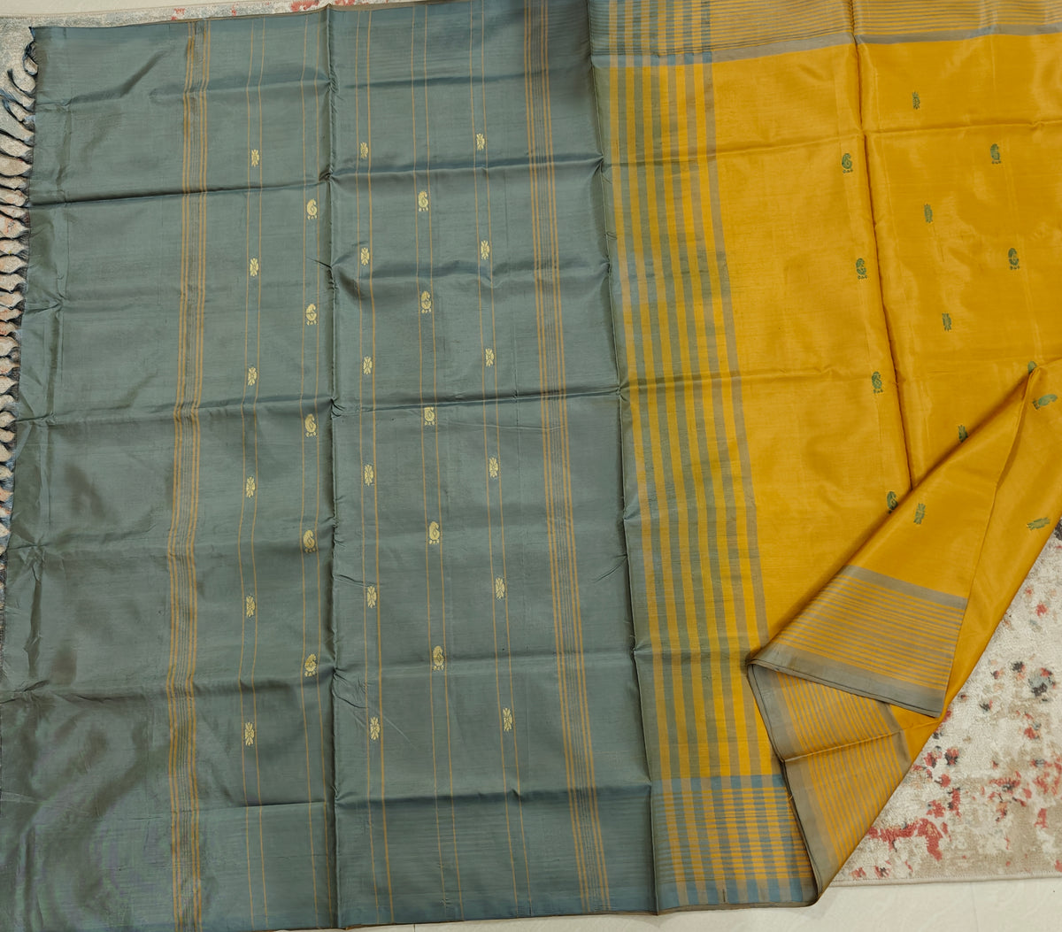 Chinnalampattu Saree- Mustard Yellow with Grey