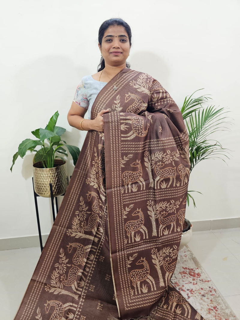 Semi Tussar with Striped Zari  Weaving Saree - Brown