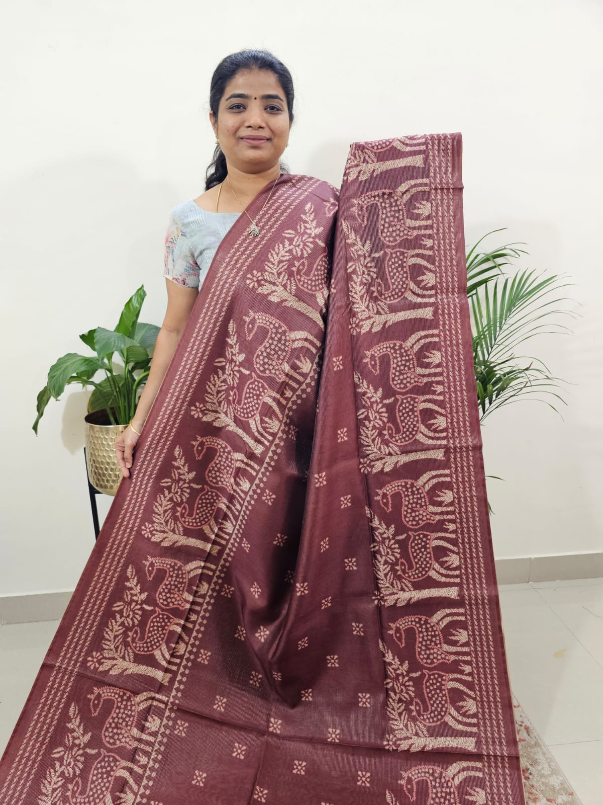 Semi Tussar with Striped Zari  Weaving Saree -Maroon