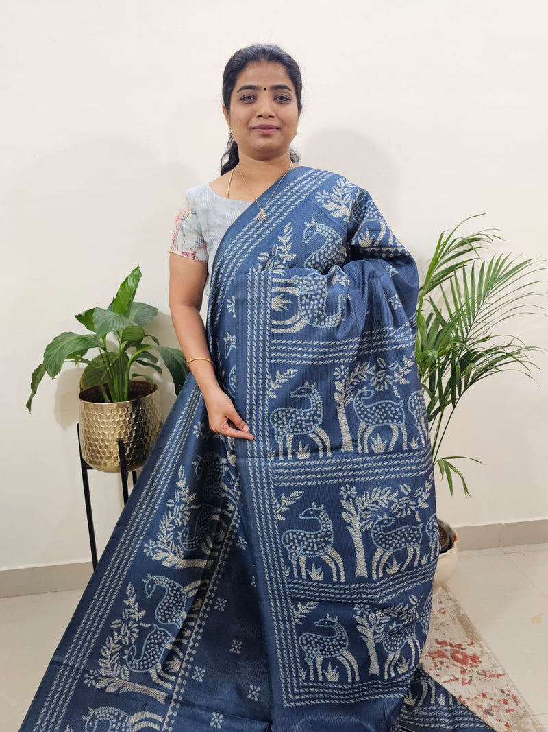 Semi Tussar with Striped Zari  Weaving Saree - Blue