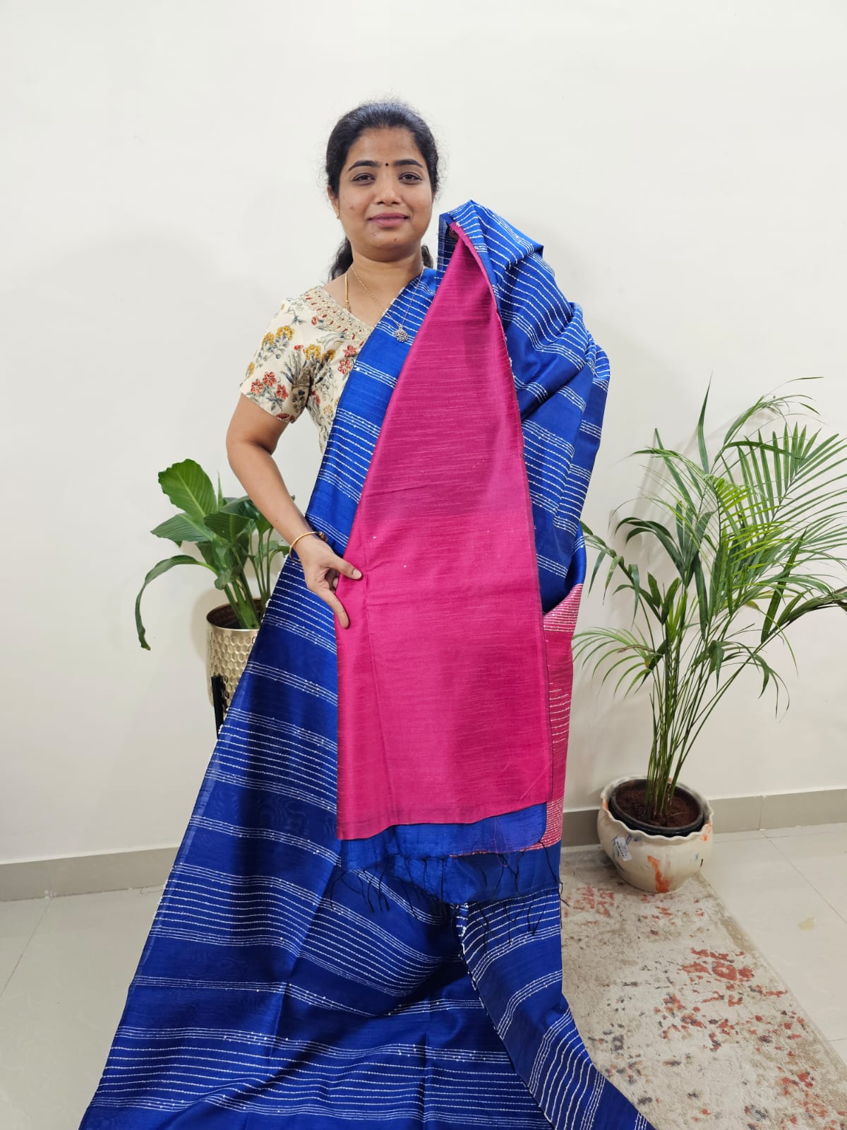 Semi Raw Silk Saree - Blue with Pink