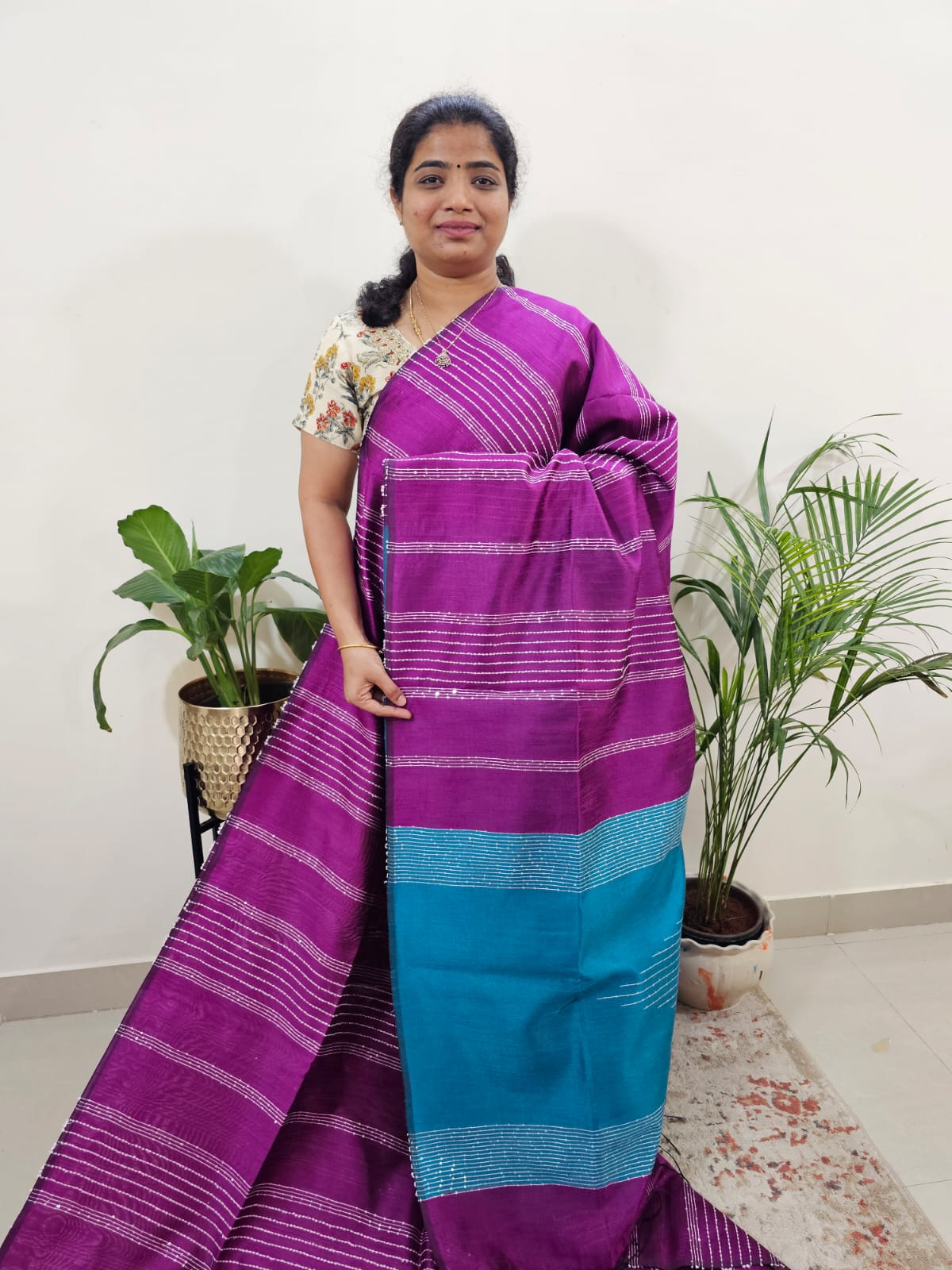 Semi Raw Silk Saree - Magenta Pink with Blue