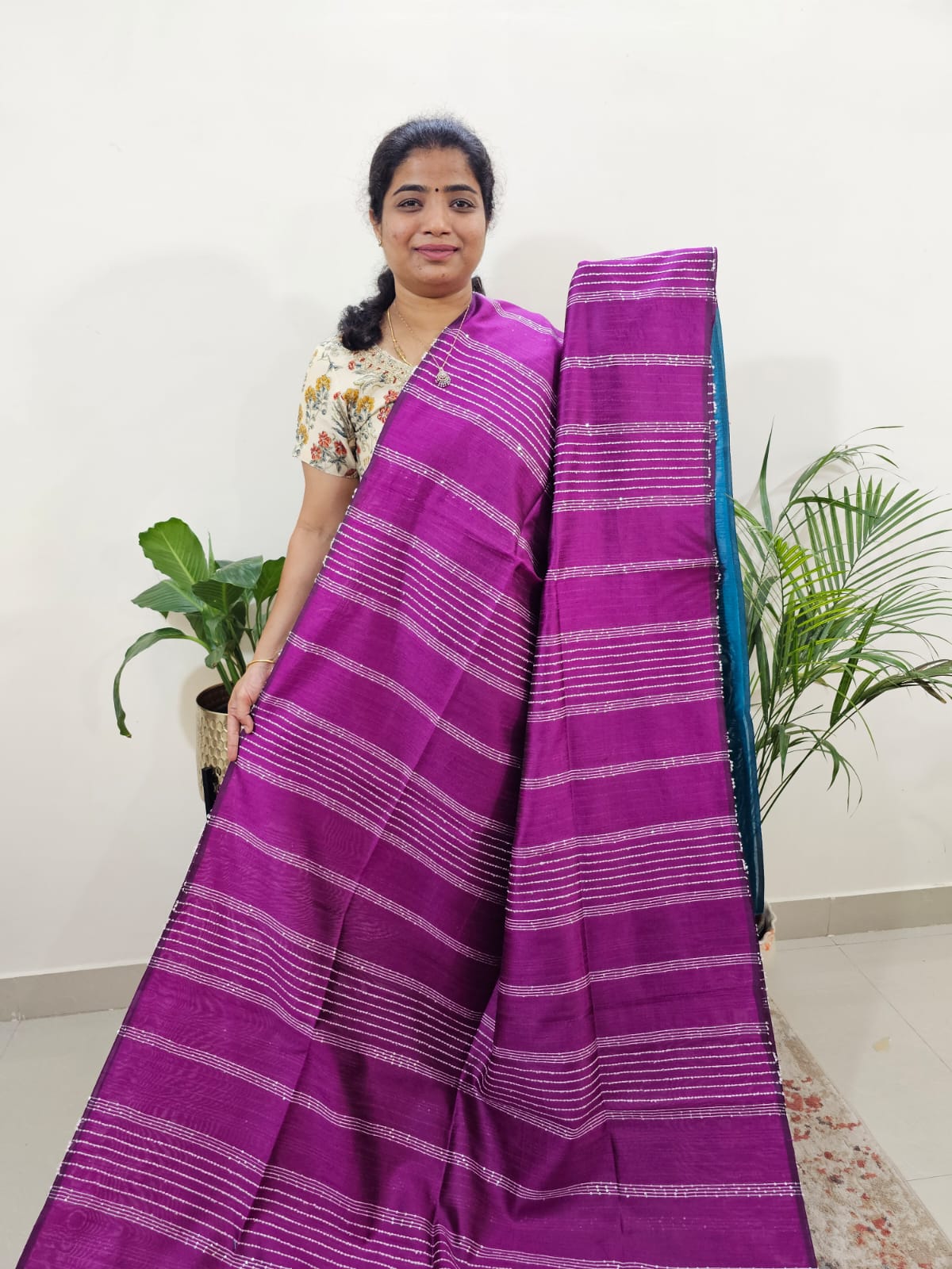 Semi Raw Silk Saree - Magenta Pink with Blue