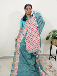 Linen Cotton with Emboridery Digital Printed Sarees - Sea Green