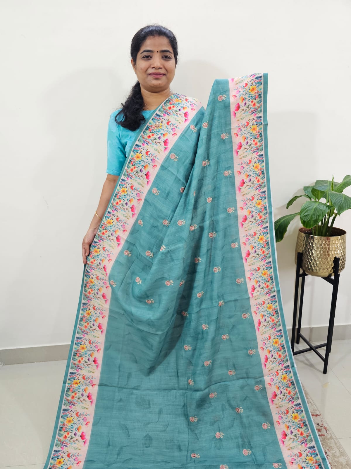 Linen Cotton with Emboridery Digital Printed Sarees - Sea Green