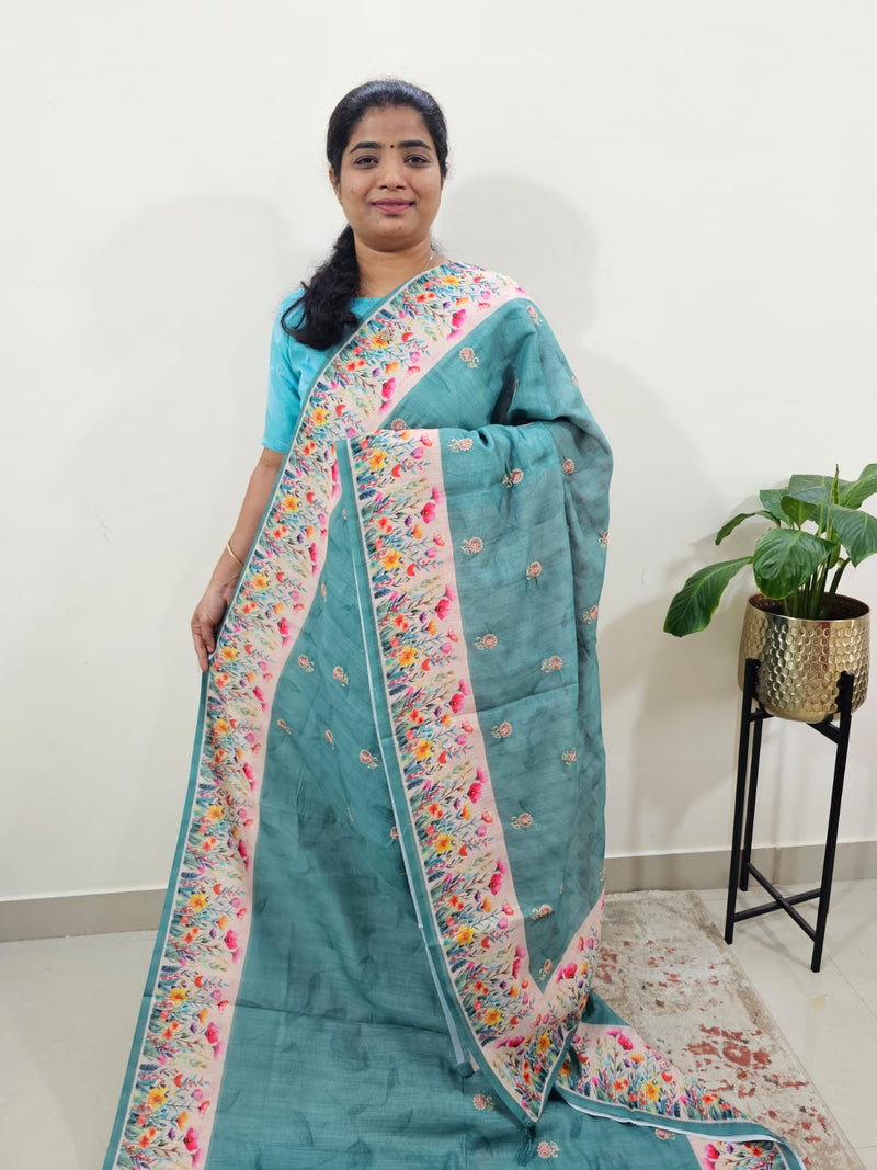 Linen Cotton with Emboridery Digital Printed Sarees - Sea Green