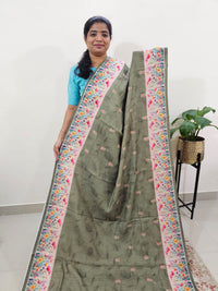 Linen Cotton with Emboridery Digital Printed Sarees - Dark Green