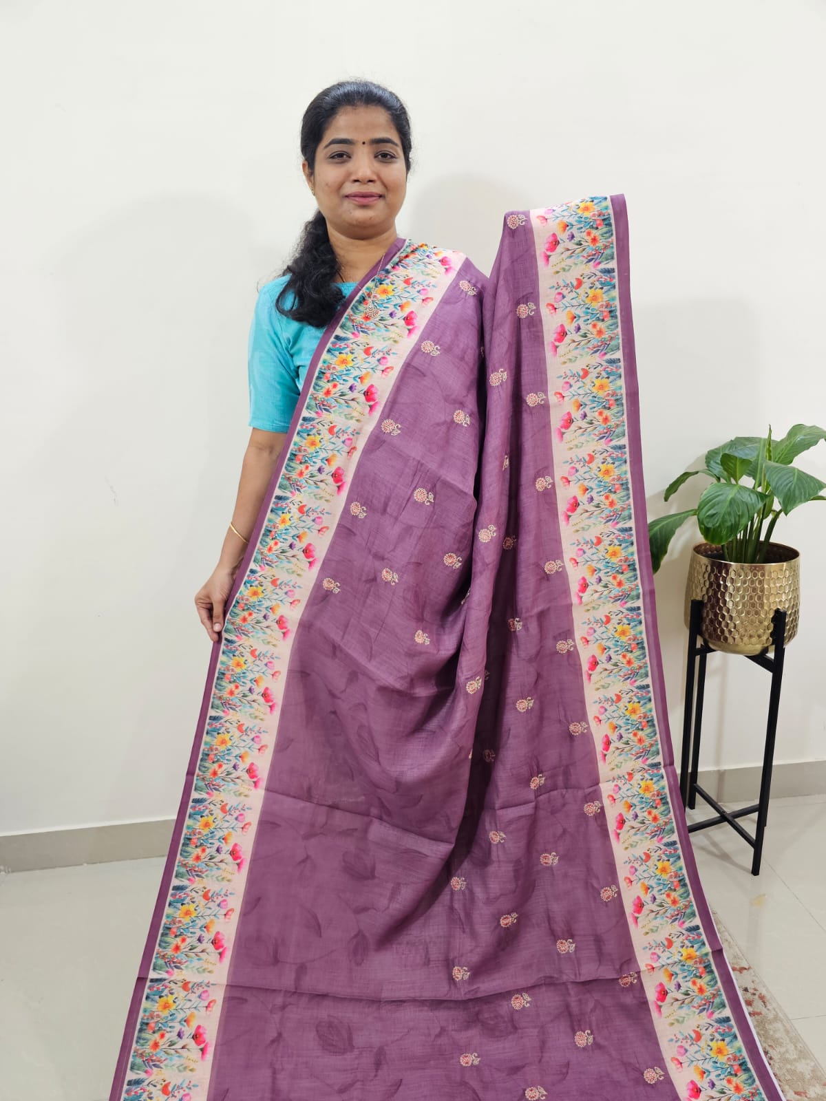 Linen Cotton with Emboridery Digital Printed Sarees - Dark Purple
