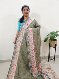 Linen Cotton with Emboridery Digital Printed Sarees - Dark Green