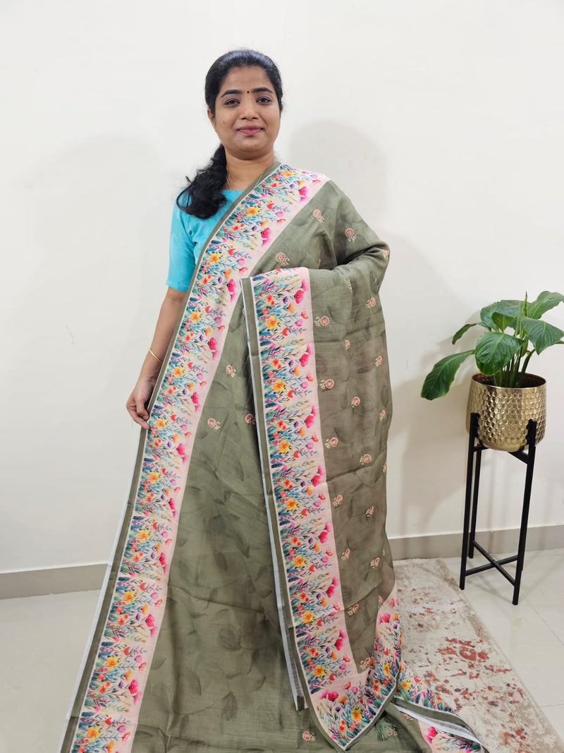 Linen Cotton with Emboridery Digital Printed Sarees - Dark Green
