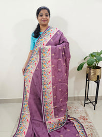 Linen Cotton with Emboridery Digital Printed Sarees - Dark Purple