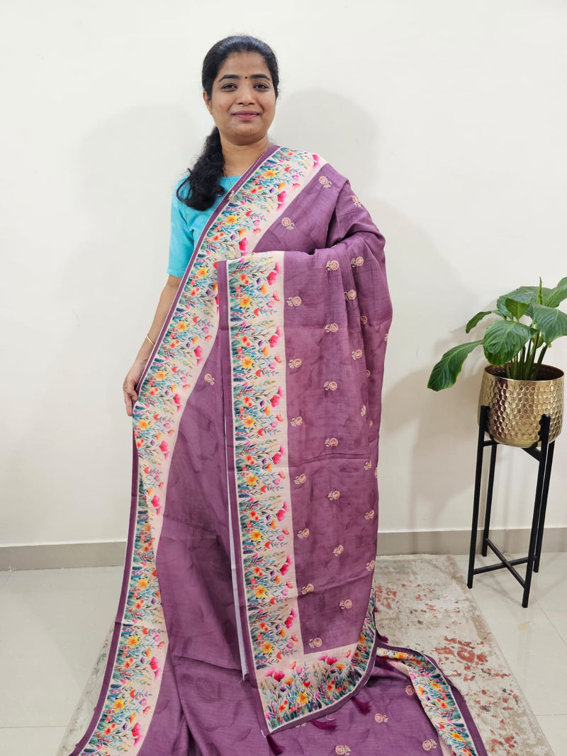 Linen Cotton with Emboridery Digital Printed Sarees - Dark Purple
