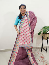 Linen Cotton with Emboridery Digital Printed Sarees - Dark Onion Pink