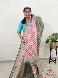 Linen Cotton with Emboridery Digital Printed Sarees - Dark Green
